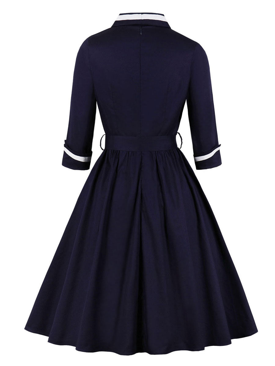 Vintage Dresses 1950s Audrey Hepburn Style Dark Navy Two Tone Belted Long Sleeve V Neck Midi Dress