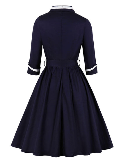 Vintage Dresses 1950s Audrey Hepburn Style Dark Navy Two Tone Belted Long Sleeve V Neck Midi Dress
