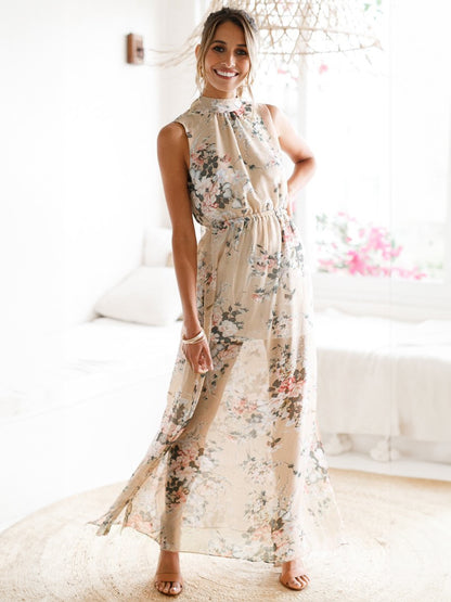 Boho Maxi Dress Floral Print Chiffon High Collar Split Soft Pink Summer Long Dress For Women