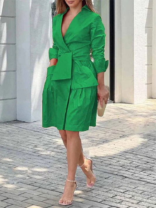 Long Sleeves Solid Color Tied Waist Deep V-Neck Mini Dresses