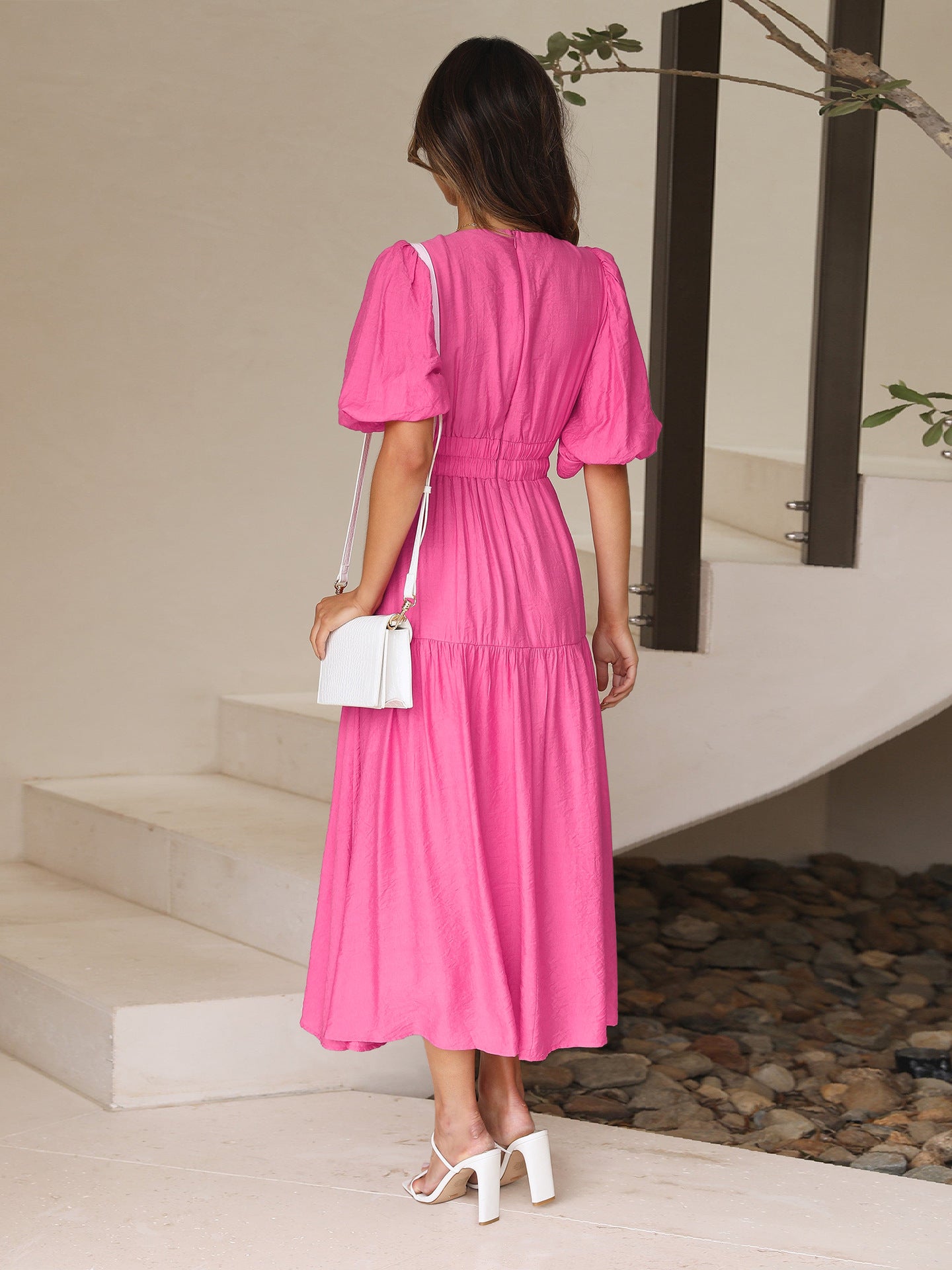 V-neck Puffy Sleeve Pleated Stretch Maxi Dress