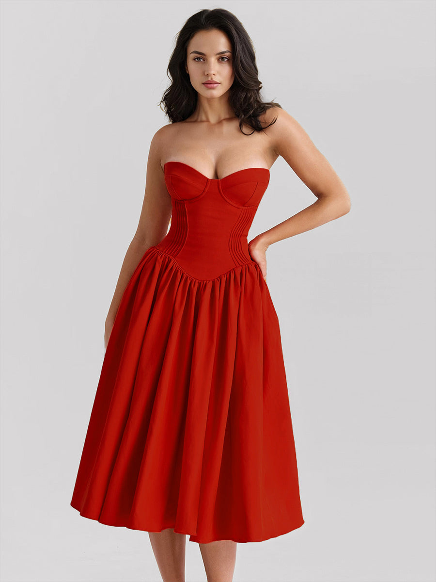 Red Party Dress Strapless Backless Retro Elegant Midi Dress