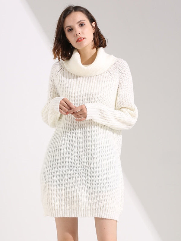 Slouchy Knitted Dress Turtleneck Long Sleeves Ribbed Cuff Mini Dresses