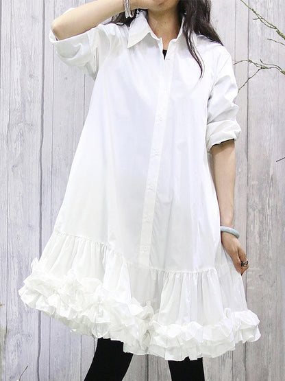 Long Sleeves Loose Buttoned Pleated Ruffled Solid Color Lapel Midi Dresses Shirt Dress