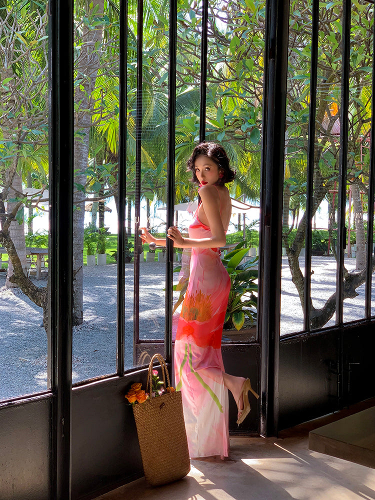 Sexy Pink Peony Floral Mermaid Maxi Dress