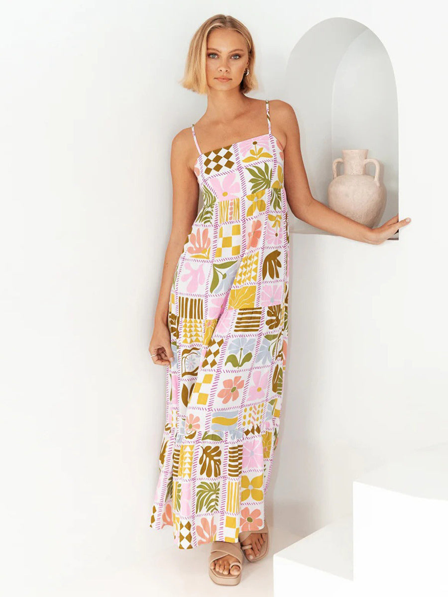 Painting Dress Square Neck Spaghetti Straps Cutout Casual Maxi Dresses