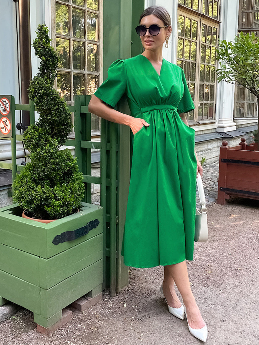 Summer Dress Short Sleeves V-Neck Pleated Pockets Casual Midi Dresses