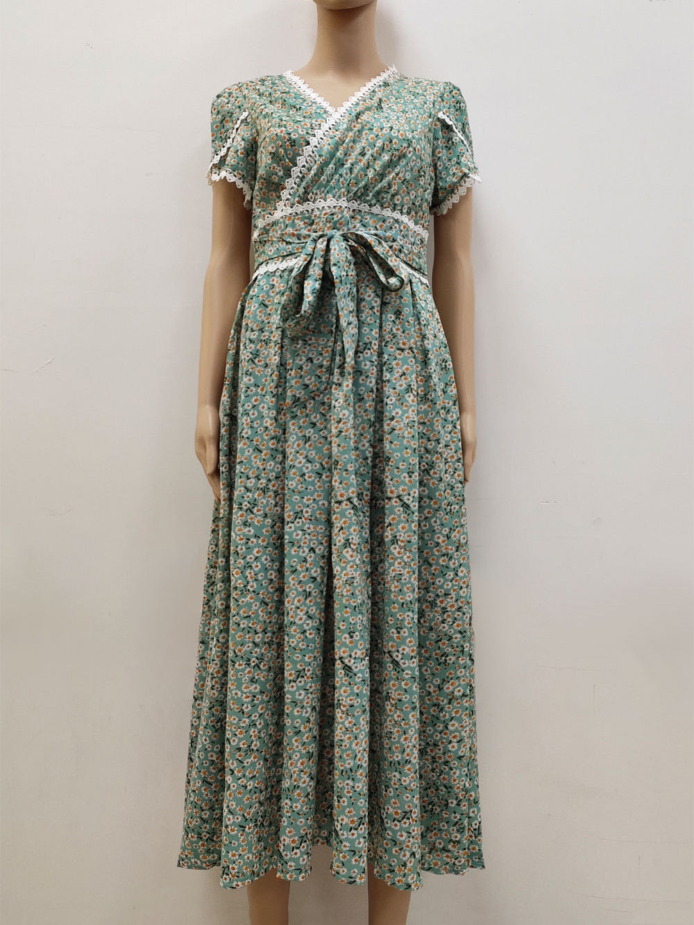 Printed Layered Casual V-Neck Short Sleeves Midi Dress