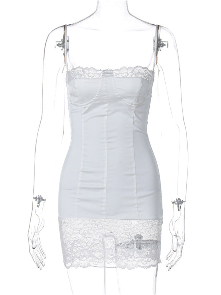 Tossy Lace Patchwork Halter Dress Women’s High Waist Backless Spaghetti Slim Summer Mini Dress