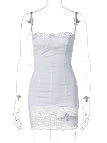 Tossy Lace Patchwork Halter Dress Women’s High Waist Backless Spaghetti Slim Summer Mini Dress