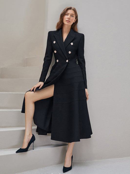Blazer Dresses Turndown Collar Layered Buttons Long Sleeves Daily Casual Formal Women's Clothing Midi Dress