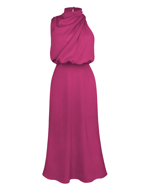 Sleeveless Solid Color Halter-Neck Midi Dresses