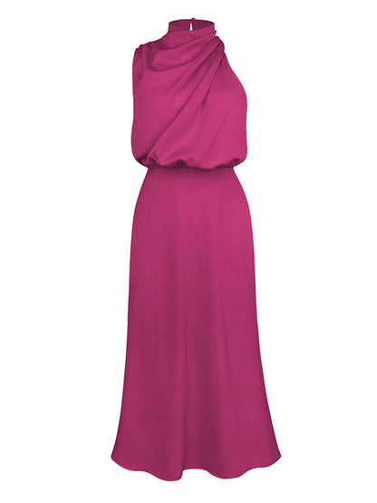 Sleeveless Solid Color Halter-Neck Midi Dresses