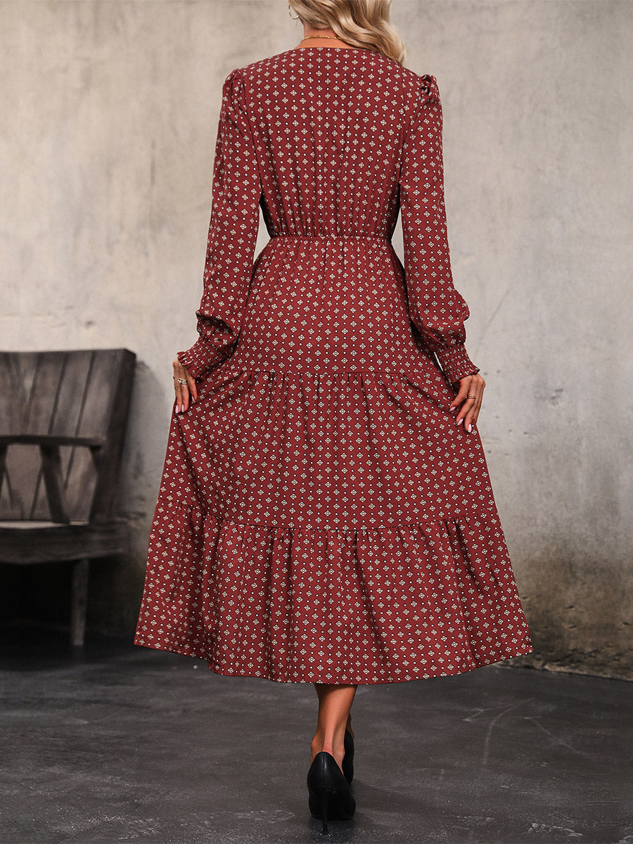 Printed Tiered Midi Dress V-Neck Buttoned Relaxed Vintage Dresses