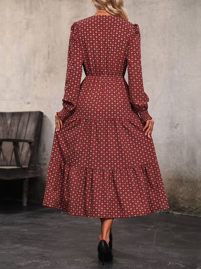 Printed Tiered Midi Dress V-Neck Buttoned Relaxed Vintage Dresses