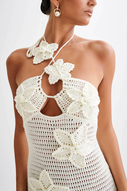 Crochet Floral Appliqué Asymmetric Halter Keyhole Cutout Bodycon Midi Dress