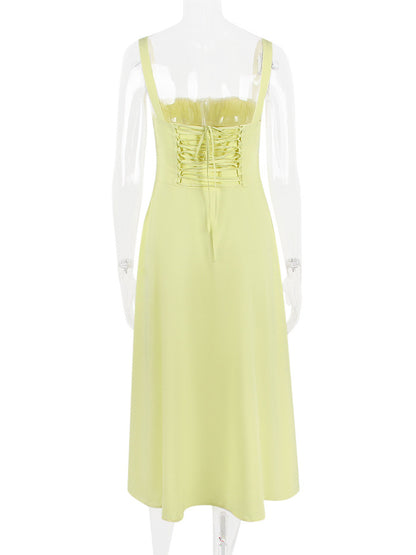 Summer Dress Sleeveless Straps Neck Chic Lace Up Midi Dress For Women