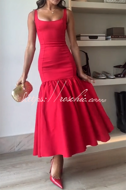 Graceful Silhouette Square Neck Wide Strap Drop Waist Midi Dress