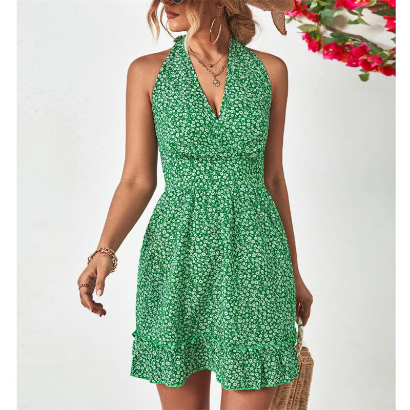 Stylish Halter Neck Open Back Ruffle Mini Dress