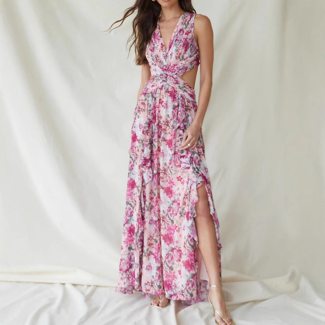 Sweet Floral Tiered Maxi Dress with Side Slit – French Style