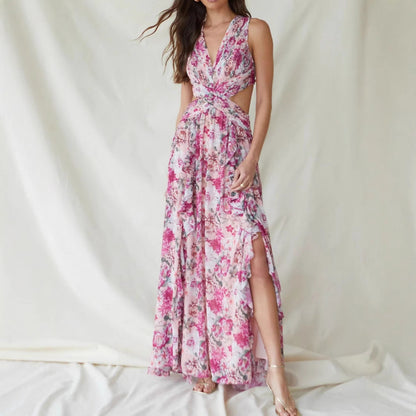 Sweet Floral Tiered Maxi Dress with Side Slit – French Style