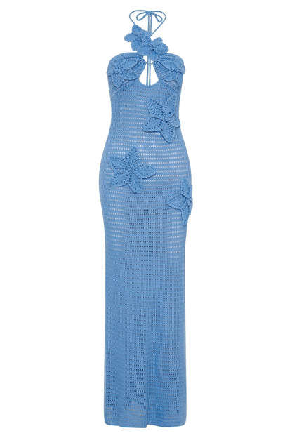 Crochet Floral Appliqué Asymmetric Halter Keyhole Cutout Bodycon Midi Dress