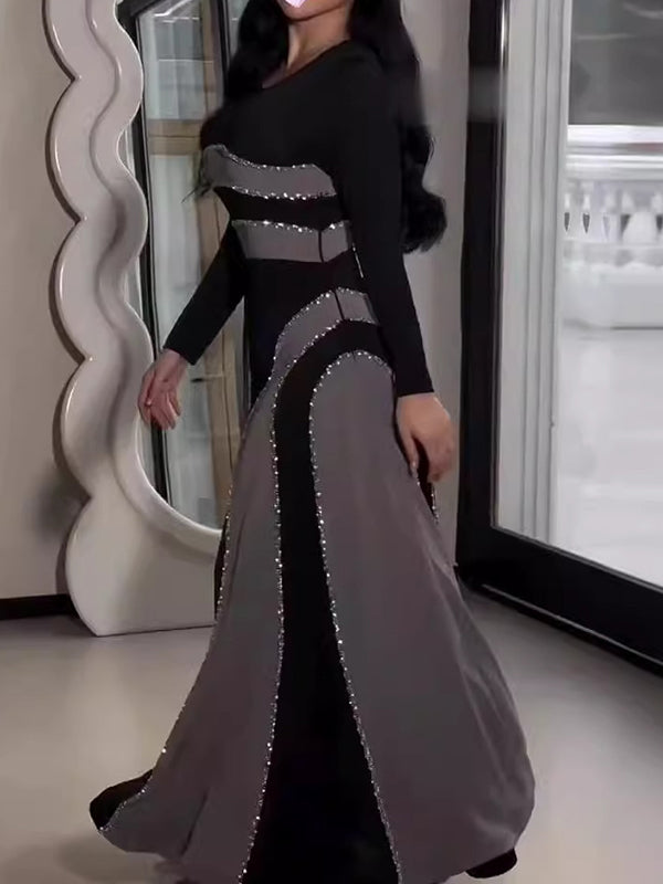 A-line Contrast Color Sequined Round-neck Maxi Dresses