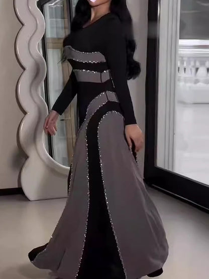 A-line Contrast Color Sequined Round-neck Maxi Dresses