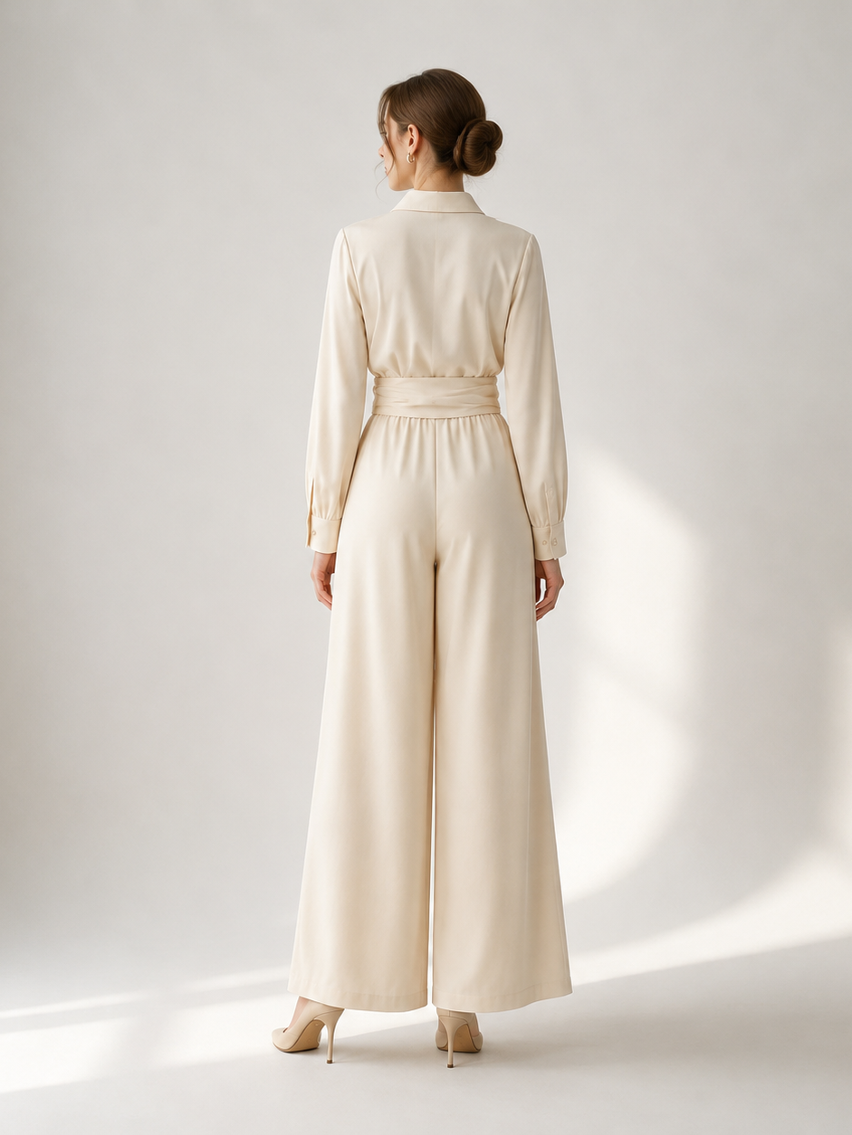 Linen Cotton 2 Piece Set For Women - Elegant Long Sleeves Belted Shirt And Wide Leg Pants - Summer Resort Style 2026