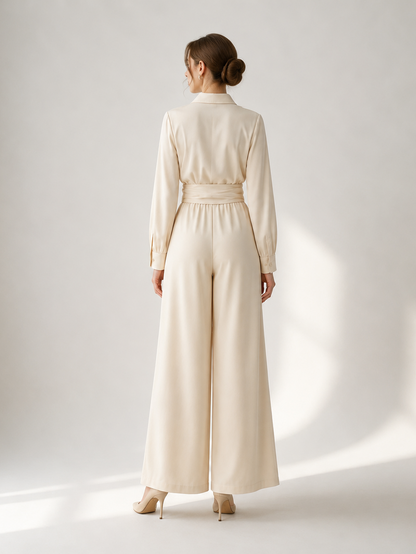 Linen Cotton 2 Piece Set For Women - Elegant Long Sleeves Belted Shirt And Wide Leg Pants - Summer Resort Style 2026