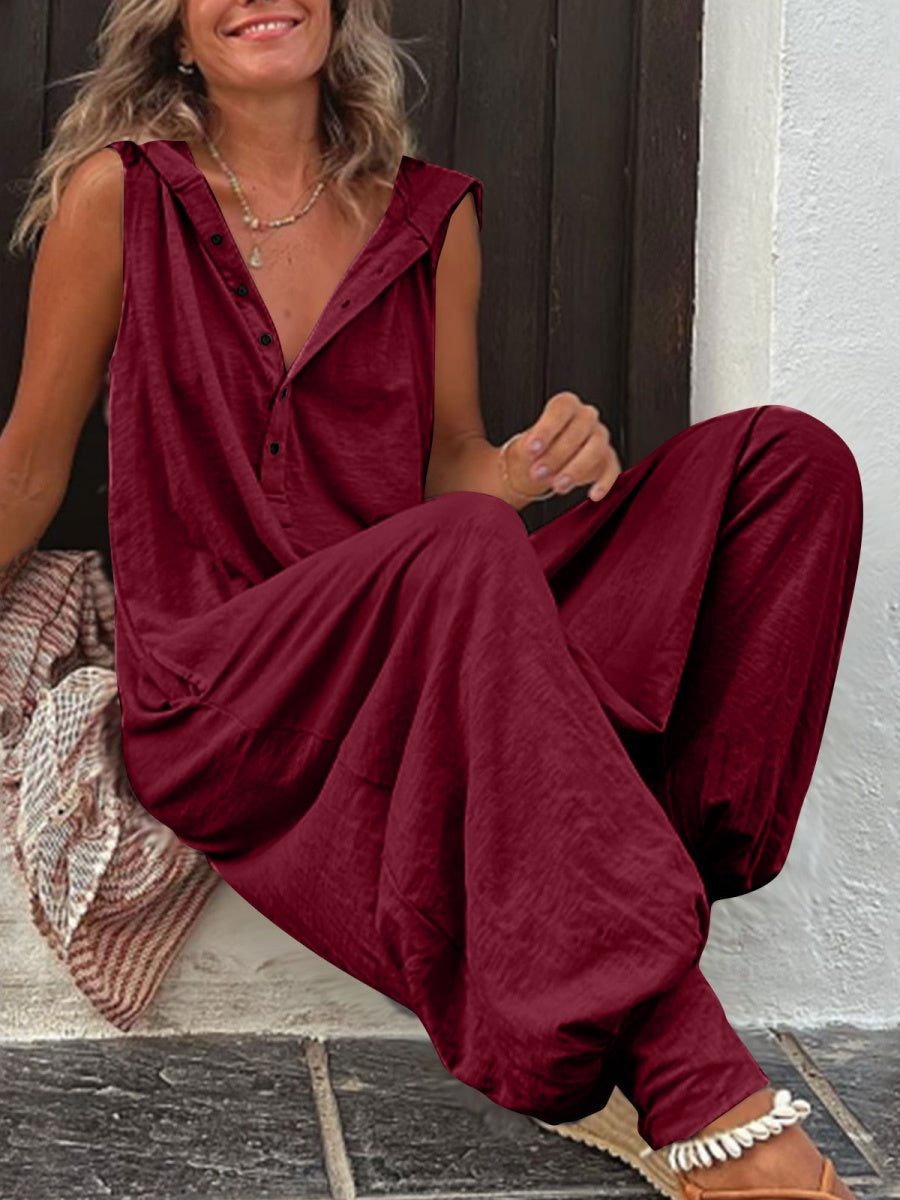 Button-up Hooded Sleeveless Jumpsuit
