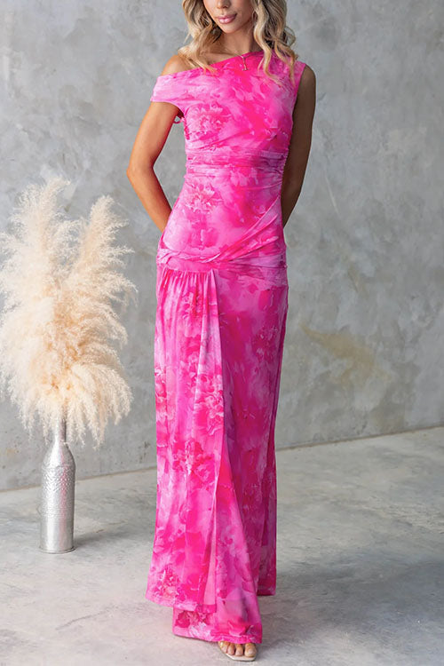 Asymmetric Shoulder Ruched Waist Floral Print Maxi Dress