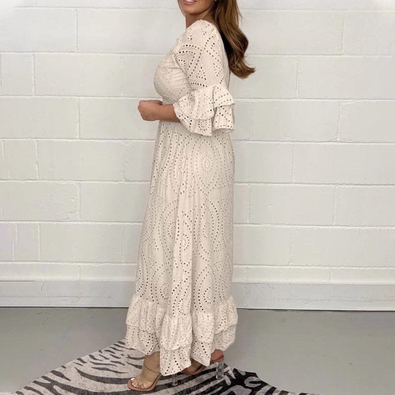 Broderie Anglaise Deep V-Neck Smocked Waist Tiered Ruffle Cuff Maxi Dress