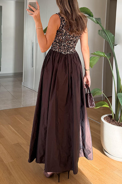 Margovil Crewneck Sleeveless Glitter Sequin Splice Maxi Dress