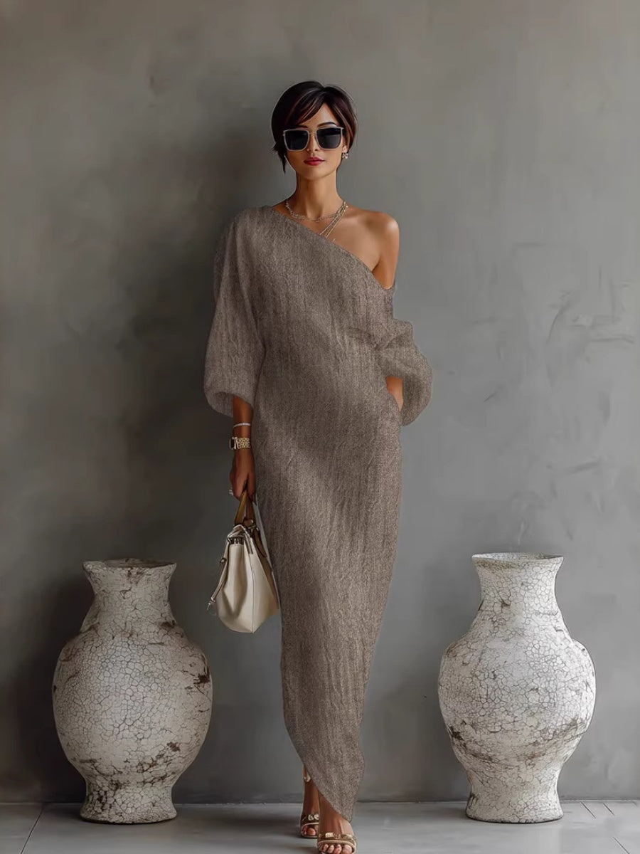 Long Sleeve Off-shoulder Comfort Loose-fit Maxi Dresses