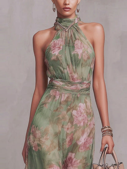 Floral Vacation Formal Dress Halter Maxi Dresses