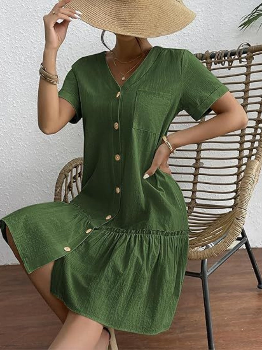 Single Row V-neck Loose-fit Short Sleeve Mini&Short Dresses
