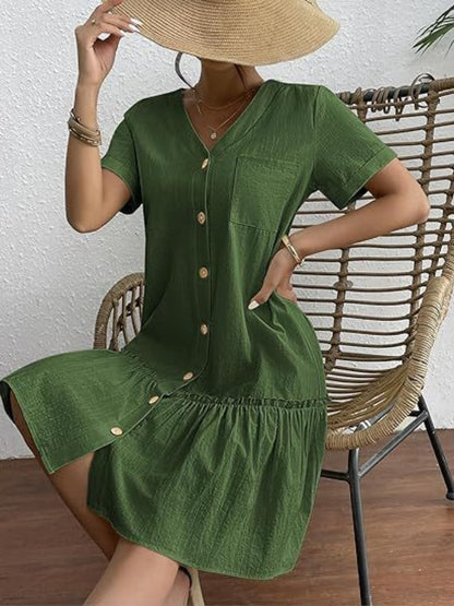 Single Row V-neck Loose-fit Short Sleeve Mini&Short Dresses