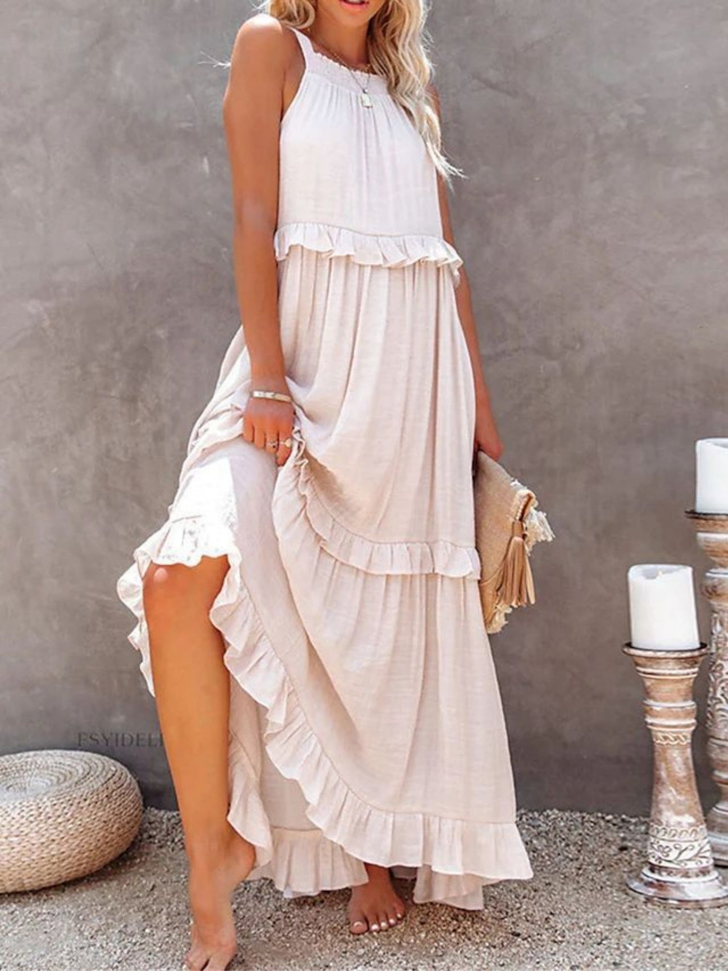 Ruffle Pleated Large Skirt Sleeveless Maxi Dresses