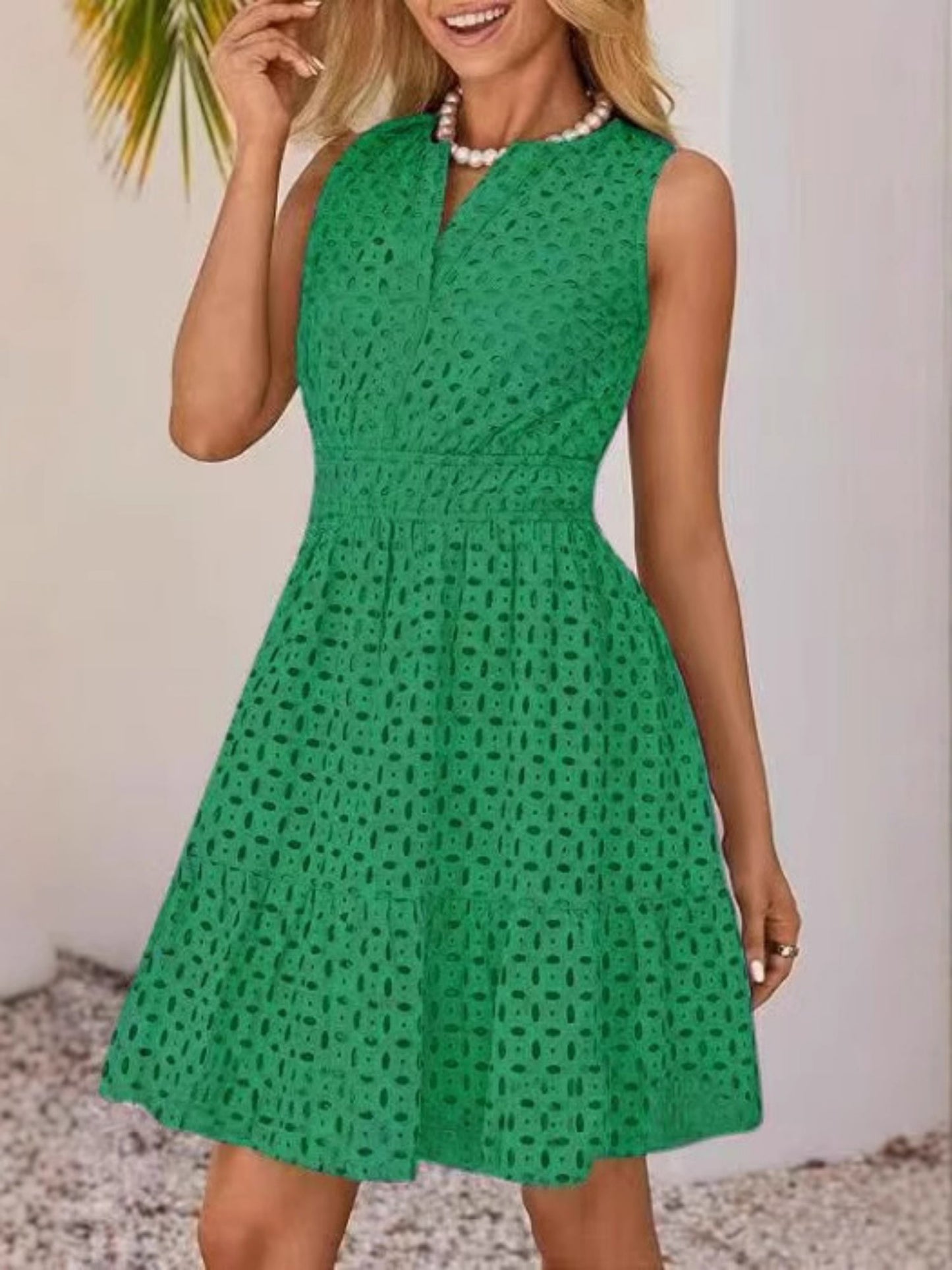 Hollow Holes V-neck Sleeveless A-line Skirt Mini&Short Dresses