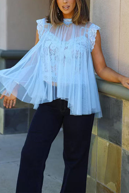 Solid Mockneck Tulle Cover Up Top with Crop Lace Camisole