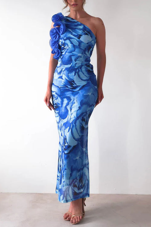 Margovil Ruffle One Shoulder Floral Print Bodycon Maxi Dress