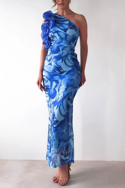 Margovil Ruffle One Shoulder Floral Print Bodycon Maxi Dress
