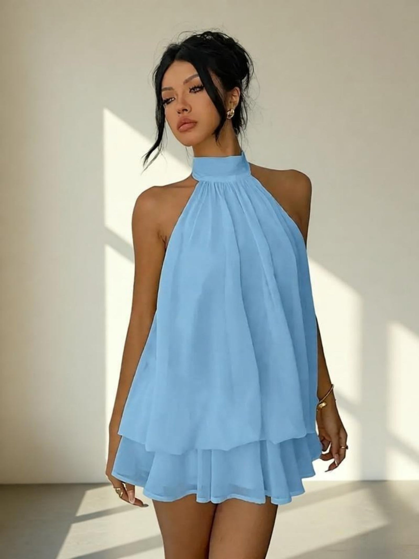 Chiffon Ruffle Halter Neck And Backless Mini&Short Dresses