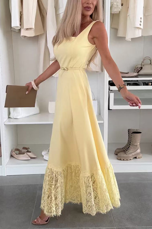 Square Neck Sleeveless Lace Splice Maxi Dress
