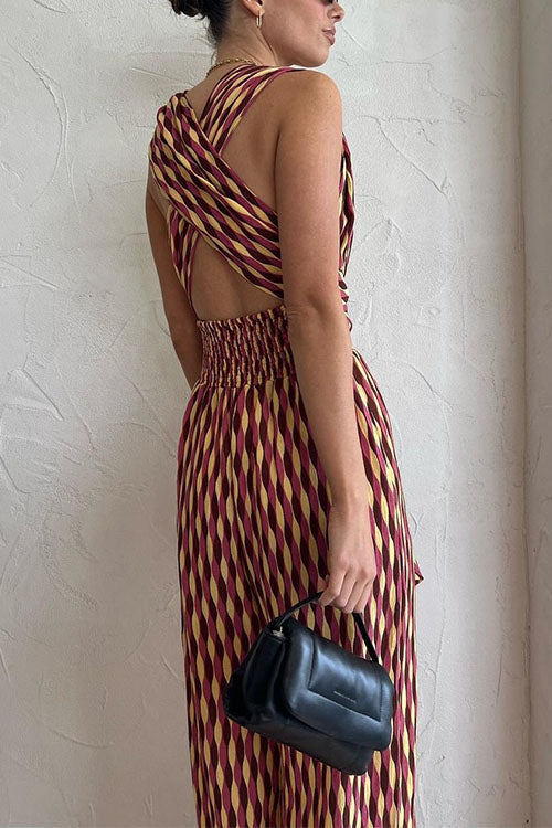 Margovil Chic Back Criss Cross Knot Waist Wide Leg Printed Jumpsuit
