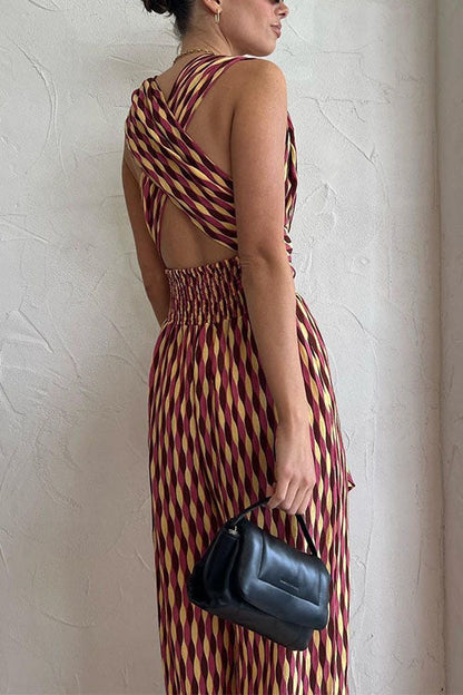 Margovil Chic Back Criss Cross Knot Waist Wide Leg Printed Jumpsuit