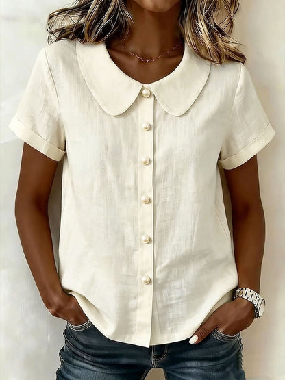 Cotton And Linen Short-sleeved Peter Pan Collar T-shirt