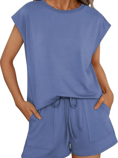 Round Neck Loose Short Sleeve Strappy Pocket Shorts Sports And Leisure 2-piece Sets