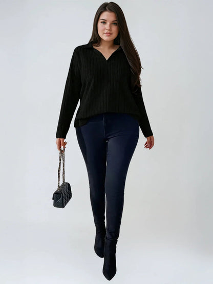 Plus Size Ribbed Turndown Collar Long Sleeve Tee Casual
